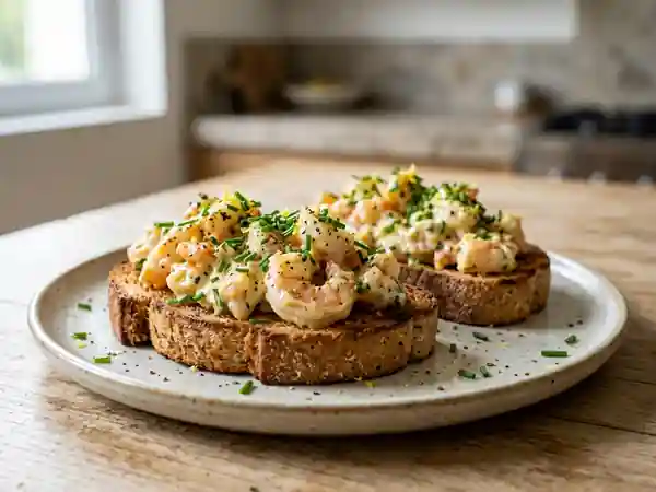 Toast gourmand aux crevettes fraîches et sauce citronnée - Photo de présentation