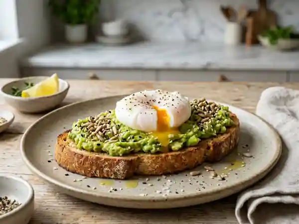 Toast gourmand avocat, œuf poché et graines pour un petit-déjeuner frais et sain - Photo de présentation