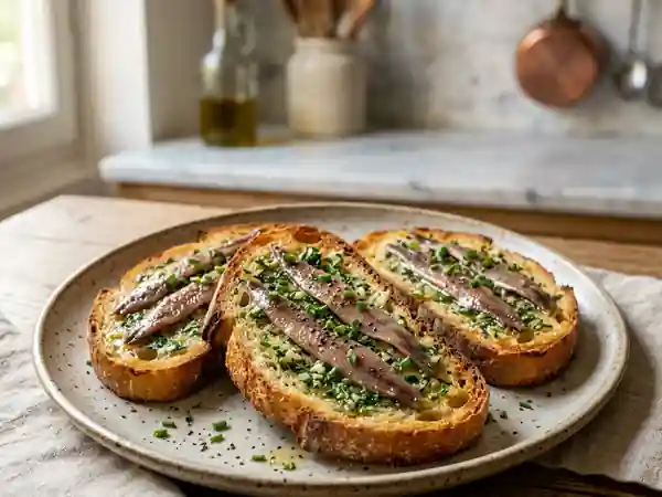 Toasts croustillants au beurre d'herbes et anchois - Photo de présentation