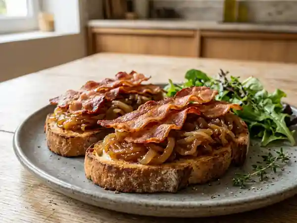 Toasts gourmands au lard croustillant et oignons caramélisés - Photo de présentation