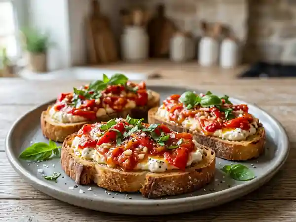 Toasts gourmands au poivron rouge grillé et fromage frais - Photo de présentation