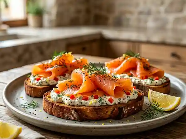 Toasts gourmands au saumon fumé et crème fraîche aux poivrons - Photo de présentation