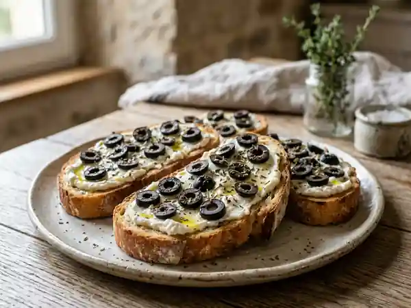 Toasts gourmands aux olives et carré frais - Photo de présentation