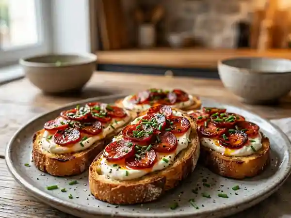 Toasts gourmands aux petits-suisses et chorizo épicé - Photo de présentation