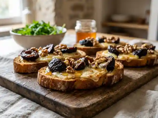 Toasts Etorki, pruneaux et miel croquant - Photo de présentation