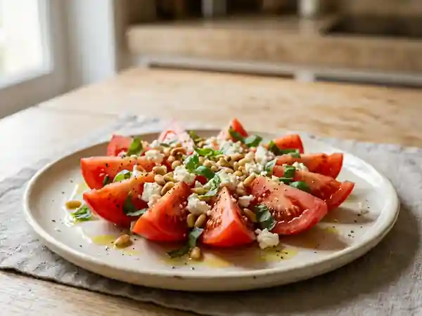 Tomates fondantes, feta crémeuse et pignons grillés - Photo de présentation