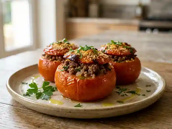 Tomates farcies au bœuf, cœur fondant et juteux - Photo de présentation