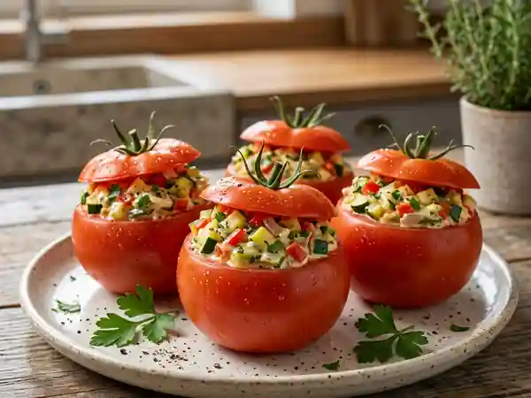 Tomates farcies aux légumes frais et mayonnaise maison - Photo de présentation