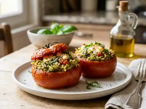 Tomates Farcies aux Pâtes Grecques et Pesto Maison : Recette Savoureuse et Facile - Photo de présentation