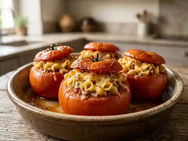 Tomates farcies aux pâtes savoureuses et gourmandes - Photo de présentation