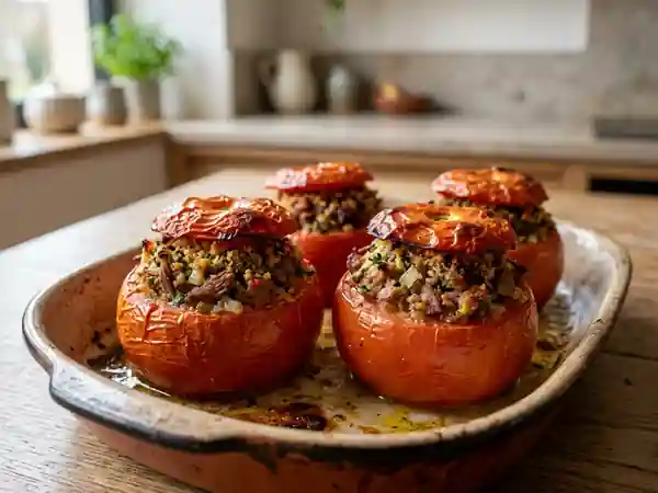 Tomates farcies au bœuf braisé et chair fine - Photo de présentation