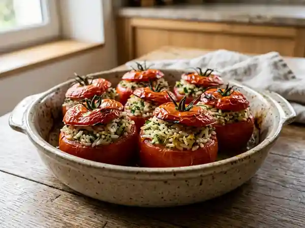 Tomates juteuses farcies au riz et fines herbes - Photo de présentation
