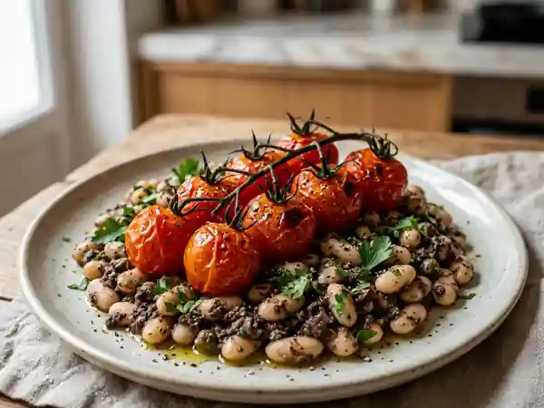 Tomates rôties fondantes, haricots et tapenade - Photo de présentation