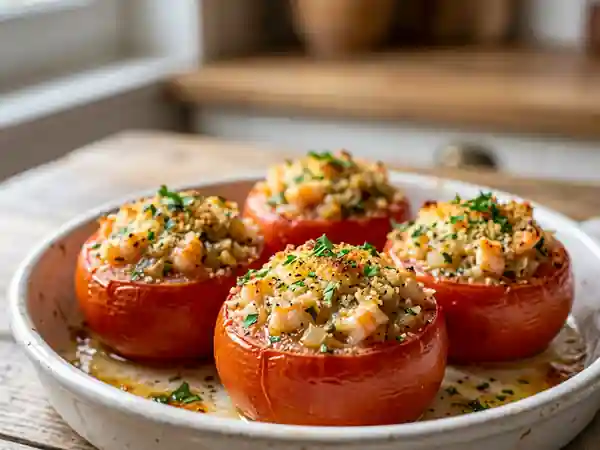 Tomates rôties aux crevettes et ail fondant - Photo de présentation