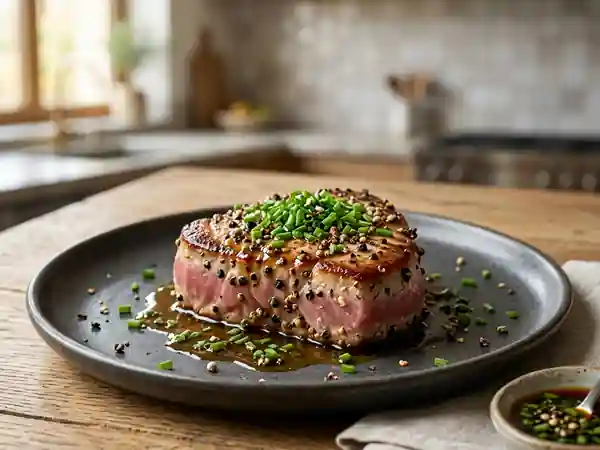 Tournedos de Thon Vert Poêlé aux Trois Poivres, Sauce Sashimi à la Ciboulette - Photo de présentation