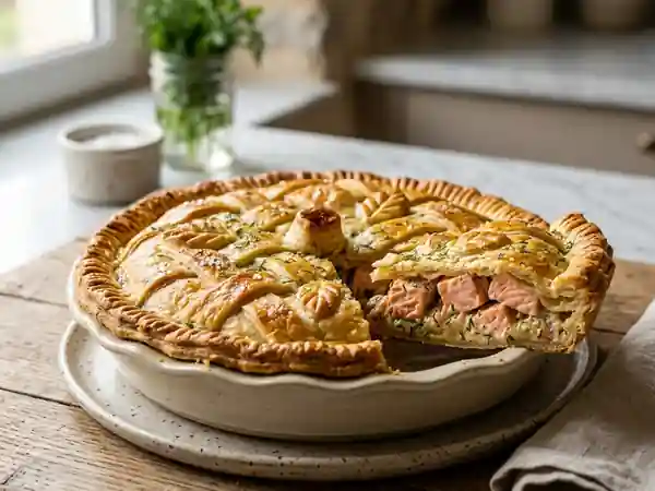 Tourte au saumon frais fondante et savoureuse - Photo de présentation