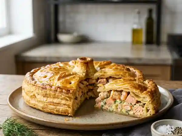 Tourte fondante au saumon, crevettes et aneth - Photo de présentation