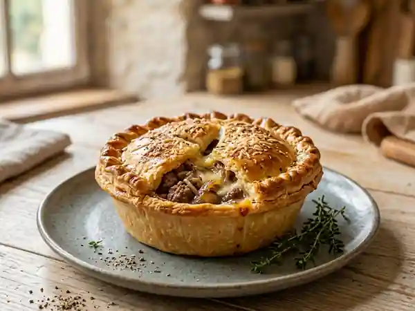 Tourte savoureuse à la viande et au fromage fondant - Photo de présentation