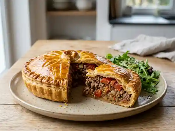 Tourte savoureuse au bœuf et tomates fraîches - Photo de présentation