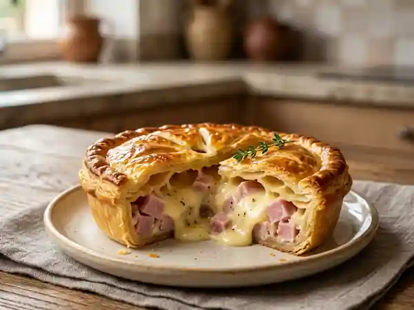 Tourte savoureuse au jambon et fromage fondant - Photo de présentation