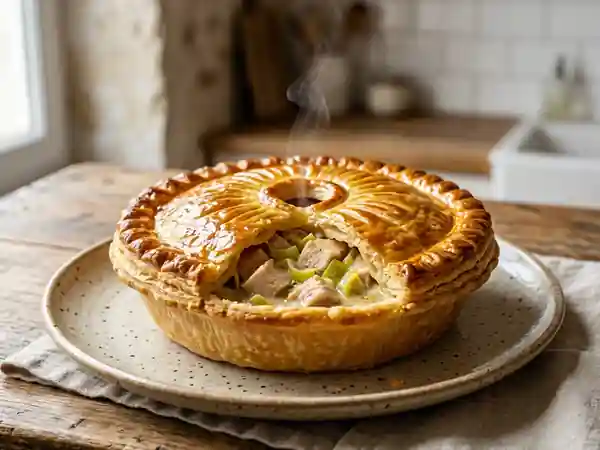 Tourte savoureuse aux poireaux et poulet fondant - Photo de présentation