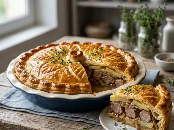 Tourte savoureuse de gigot d'agneau aux pommes de terre fondantes - Photo de présentation