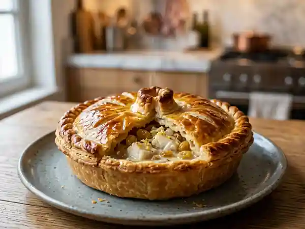 Tourte savoureuse de poisson au gingembre frais et raisins dorés - Photo de présentation