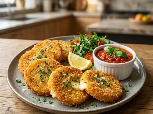 Tranches de mozzarella panée croustillantes et fondantes - Photo de présentation