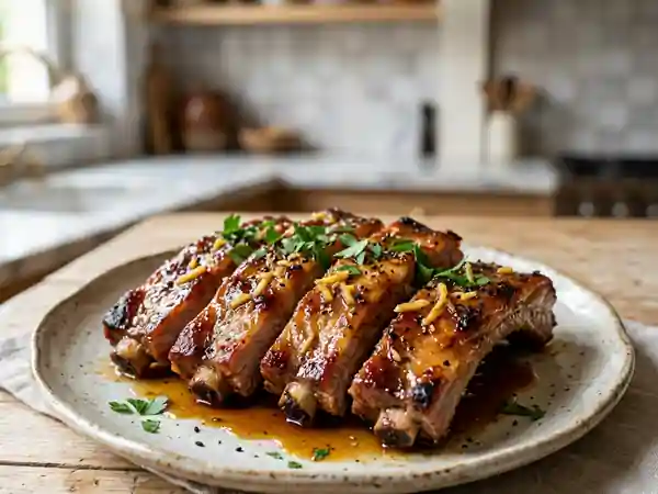 Travers de porc caramélisés au miel et gingembre frais - Photo de présentation