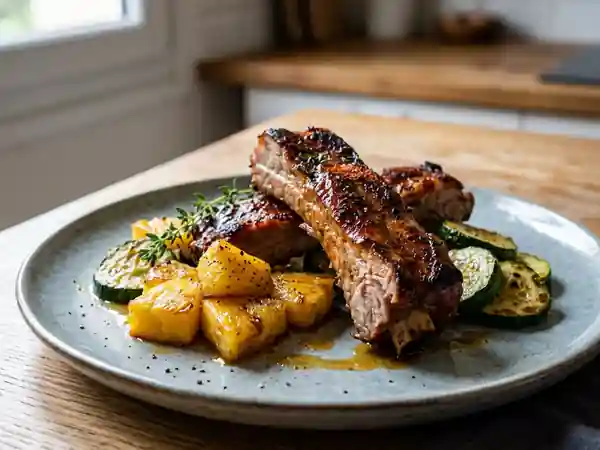 Travers de porc grillés à l'ananas et courgettes sautées - Photo de présentation