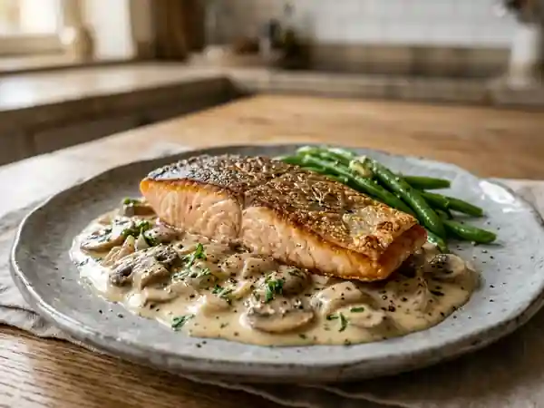 Filet de truite croustillant, crème aux champignons - Photo de présentation