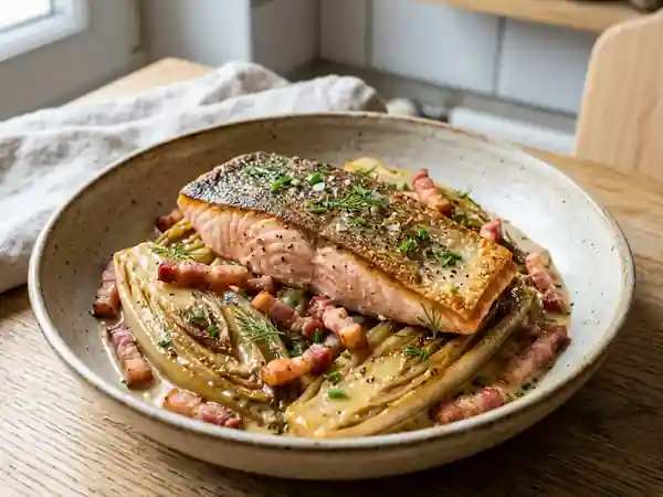 Truite fondante aux endives braisées et lard croustillant - Photo de présentation