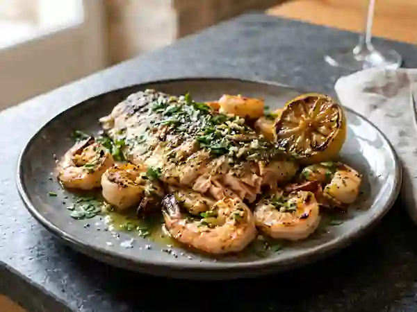 Truite grillée citronnée et crevettes - Photo de présentation