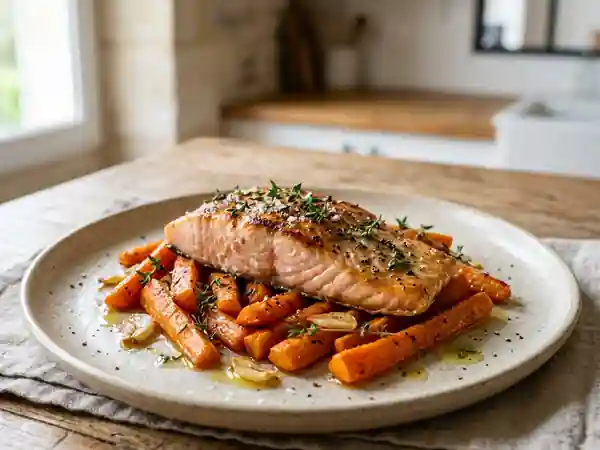 Truite fondante aux carottes rôties et thym - Photo de présentation