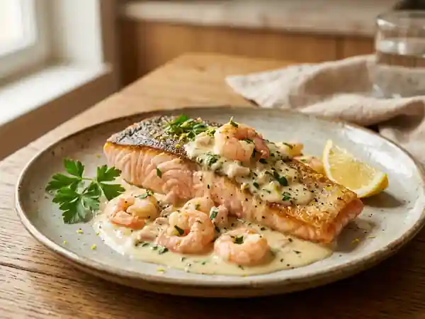Truite saumonée grillée et sa crème citronnée aux crevettes fraîches - Photo de présentation
