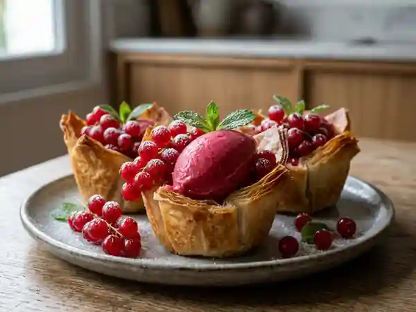 Tulipes croustillantes garnies de sorbet framboise et groseilles fraîches - Photo de présentation