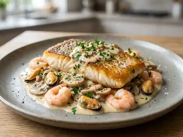 Turbot Fondant, Sauce Crème et Fruits de Mer - Photo de présentation