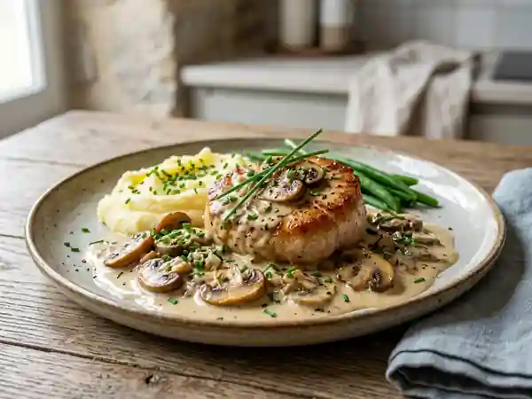 Veau fondant à la crème et champignons dorés - Photo de présentation