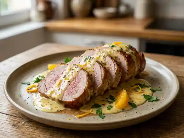 Veau rôti juteux, crème moutarde et agrumes - Photo de présentation