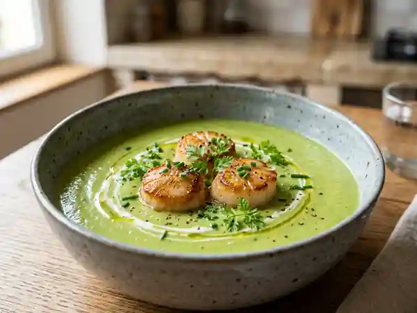 Velouté d'avocat soyeux aux pétoncles dorés - Photo de présentation