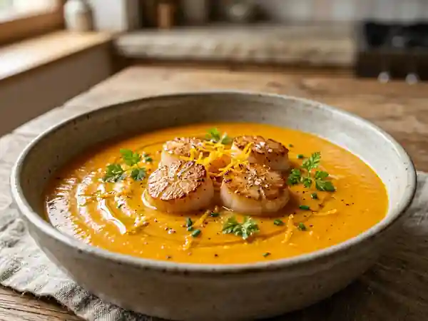Velouté carotte orange et pétoncles dorés - Photo de présentation