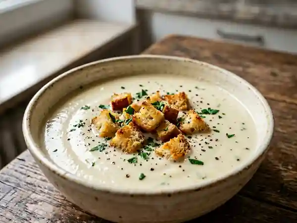 Velouté de chou-fleur soyeux et croûtons à l'ail - Photo de présentation