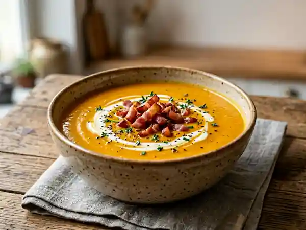 Velouté de potiron onctueux au jambon croustillant - Photo de présentation