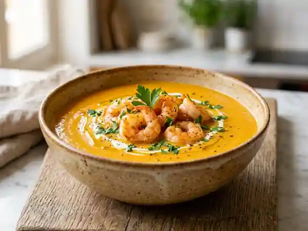 Velouté de potiron onctueux aux crevettes savoureuses - Photo de présentation