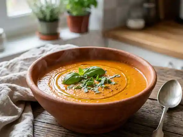 Velouté crémeux tomate, poivron et basilic - Photo de présentation