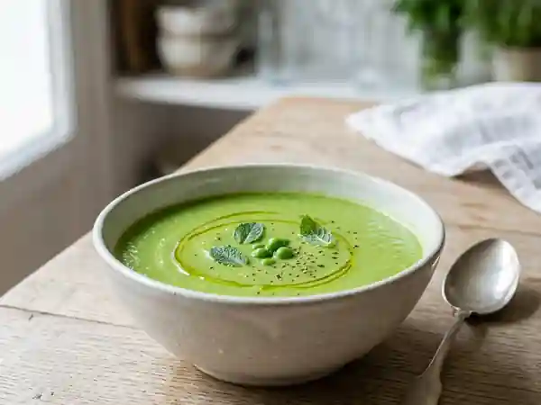Velouté glacé de petits pois à la menthe, léger et rafraîchissant - Photo de présentation