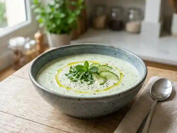 Velouté glacé onctueux au concombre et yaourt frais - Photo de présentation