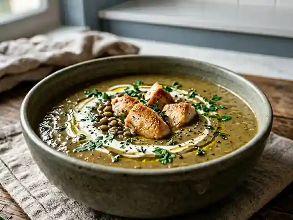 Velouté onctueux de lentilles et poulet doré - Photo de présentation