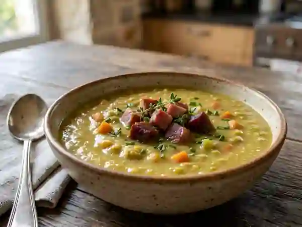 Velouté onctueux de pois cassés au jambon braisé - Photo de présentation