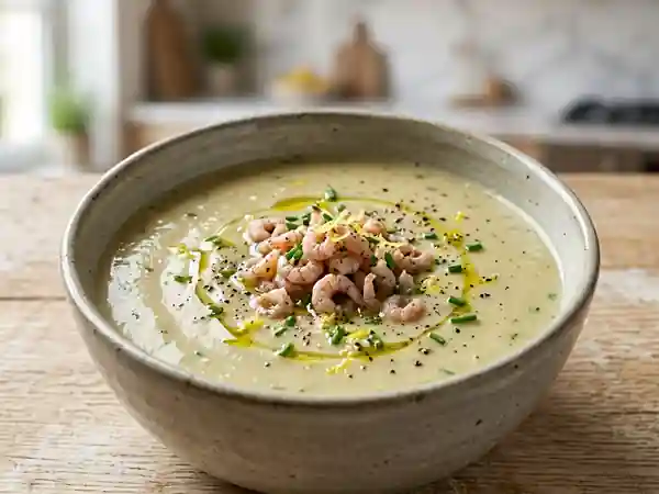 Velouté onctueux d'endives et courgettes aux crevettes grises - Photo de présentation